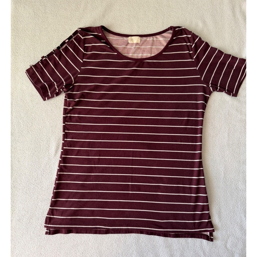 Glitz Women's Burgundy White Striped Cutout Shoulder Short Sleeve Top Size L - Picture 2 of 8